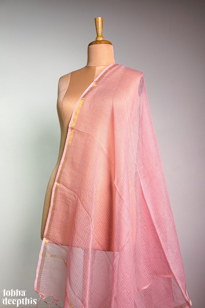 Peach Pink Plain Kota Doria Dupatta - Lobha Deepthis