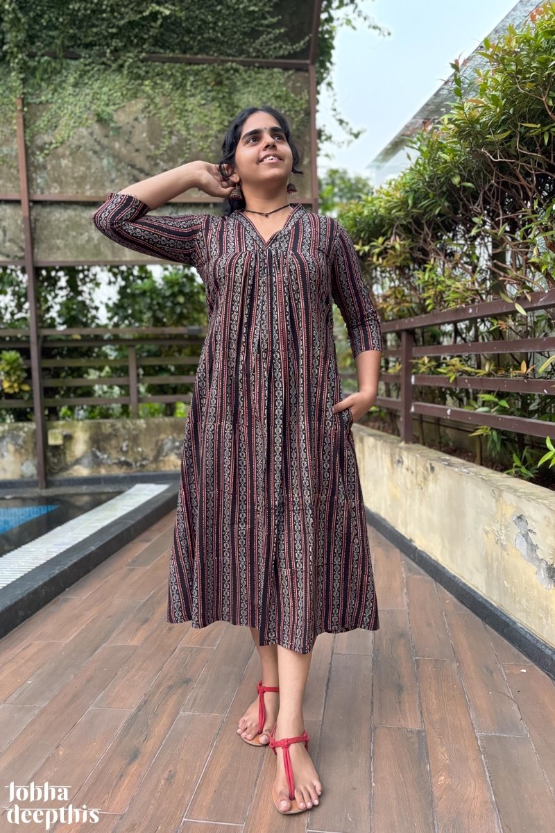 Pearl Stripes Black Ajrakh Dress - Lobha Deepthis