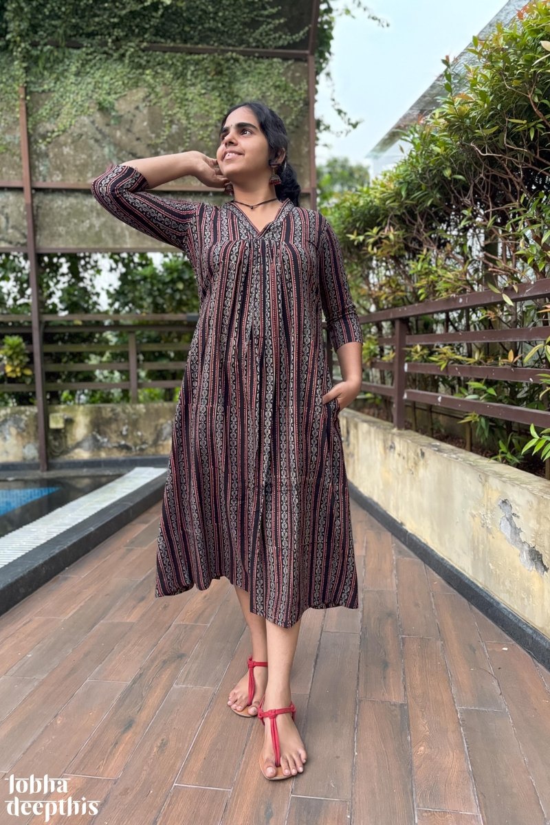 Pearl Stripes Black Ajrakh Dress - Lobha Deepthis