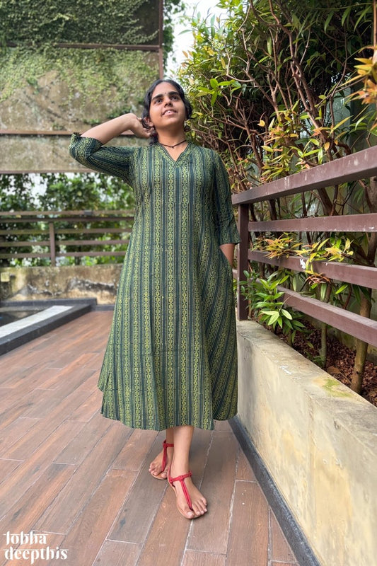 Pearl Stripes Bottle Green Ajrakh Aline Kurta - Lobha Deepthis