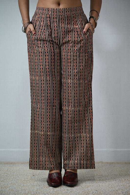 Pearl Stripes Coffee Ajrakh Parallel Pants - Lobha Deepthis