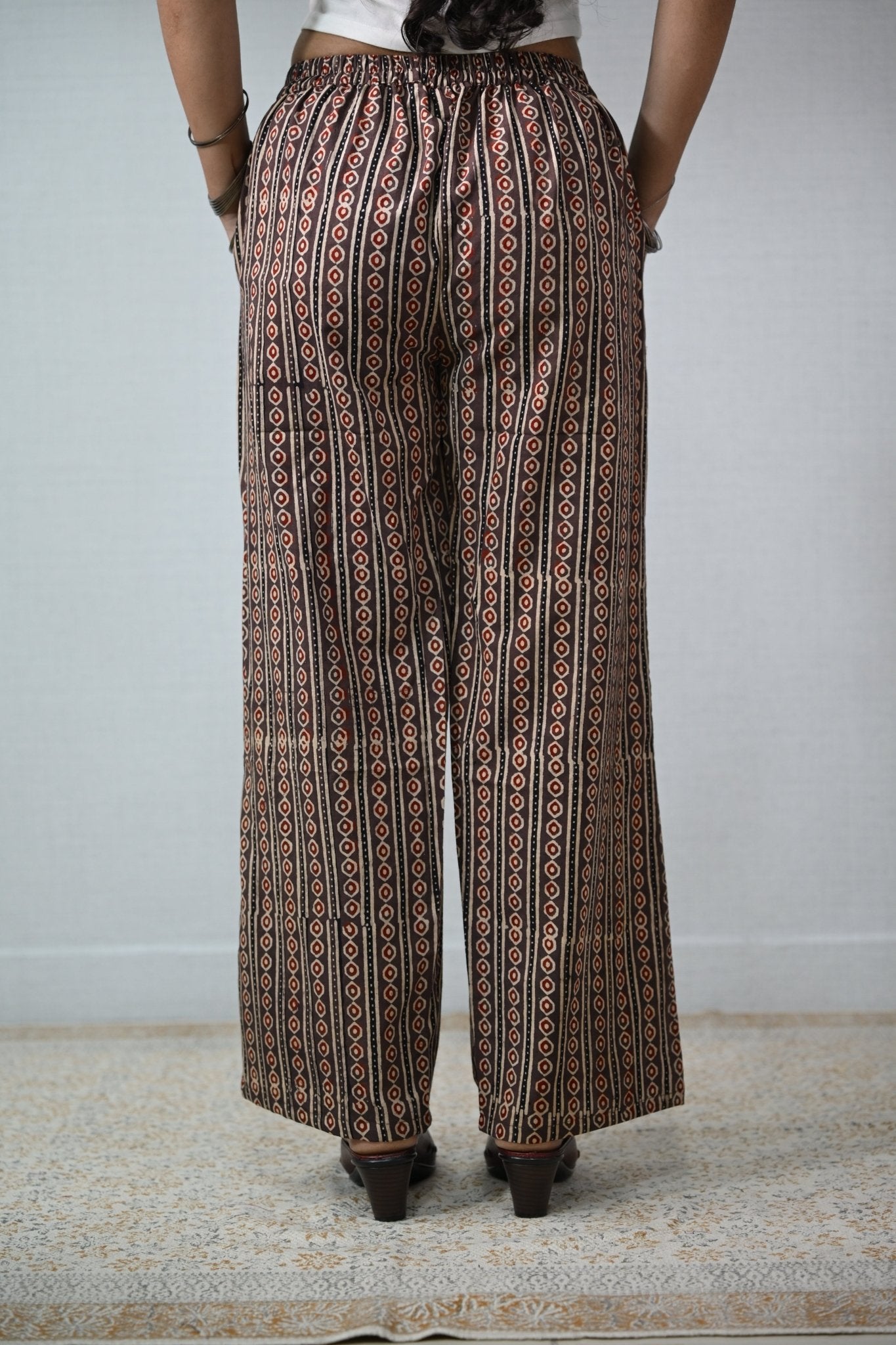 Pearl Stripes Coffee Ajrakh Parallel Pants - Lobha Deepthis