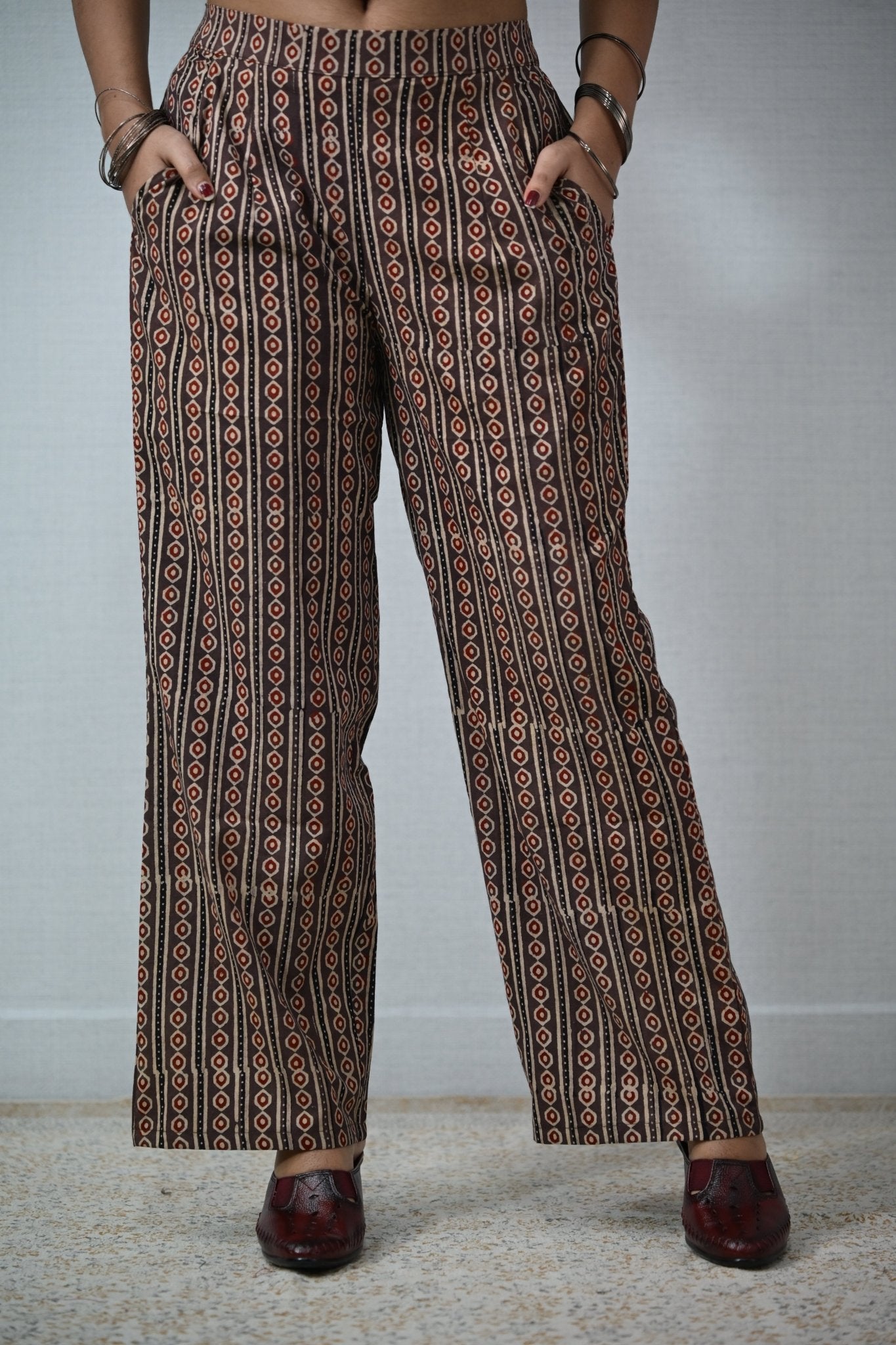 Pearl Stripes Coffee Ajrakh Parallel Pants - Lobha Deepthis