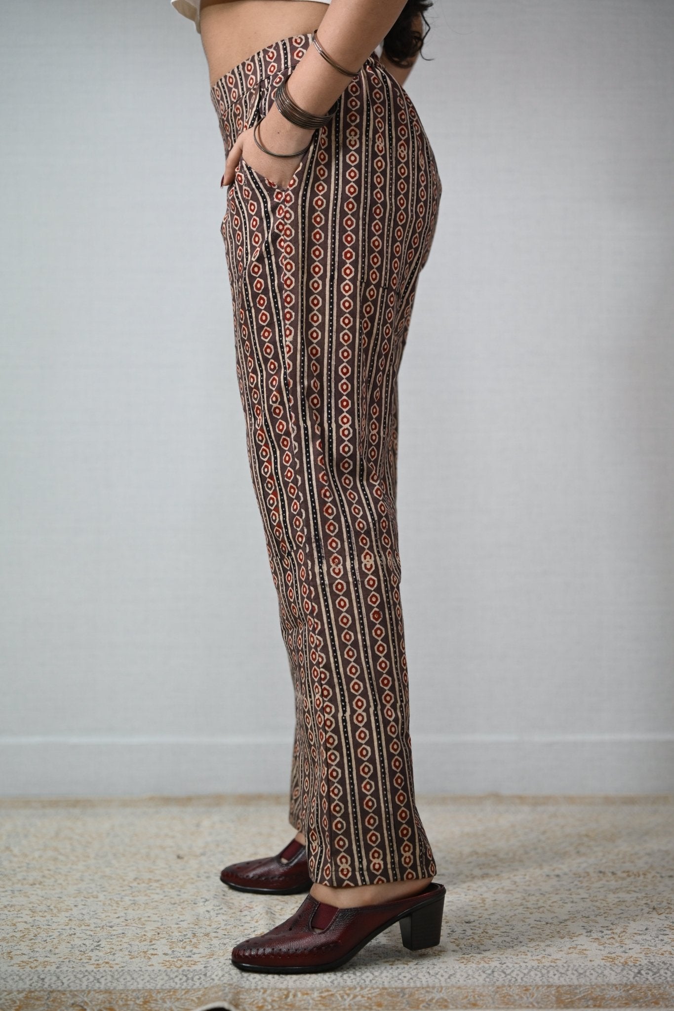 Pearl Stripes Coffee Ajrakh Parallel Pants - Lobha Deepthis