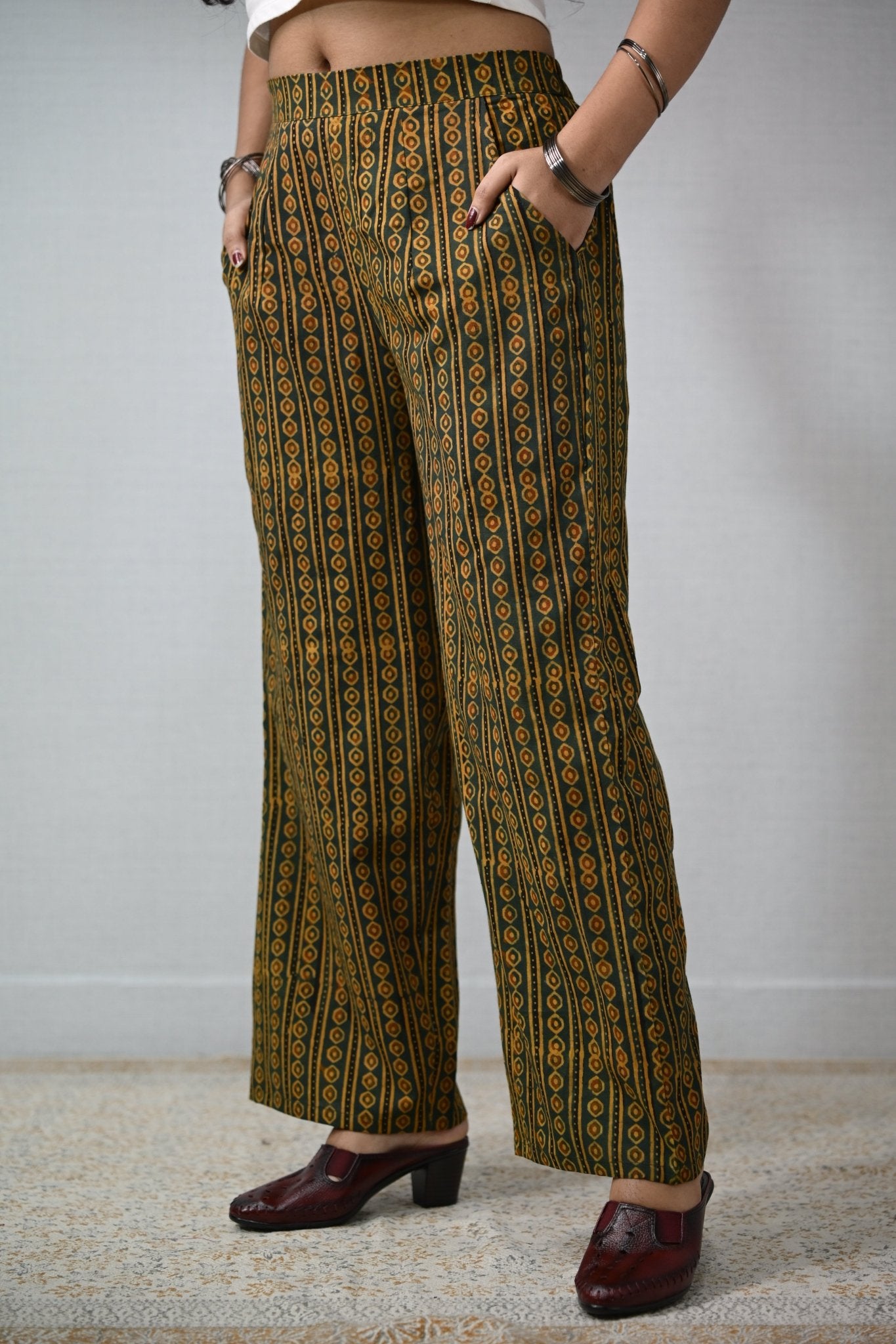Pearl Stripes Green Ajrakh Parallel Pants - Lobha Deepthis