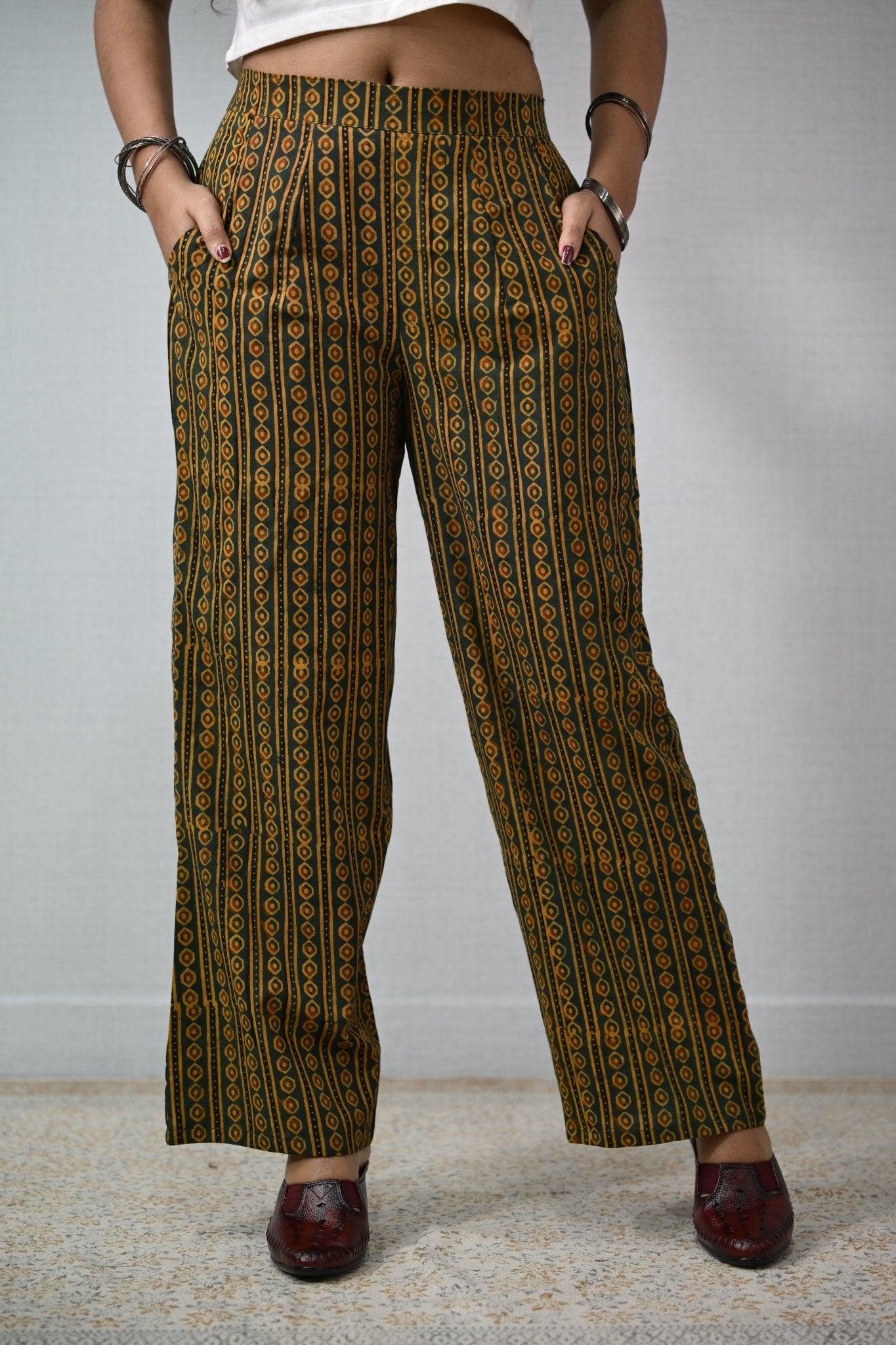 Pearl Stripes Green Ajrakh Parallel Pants - Lobha Deepthis