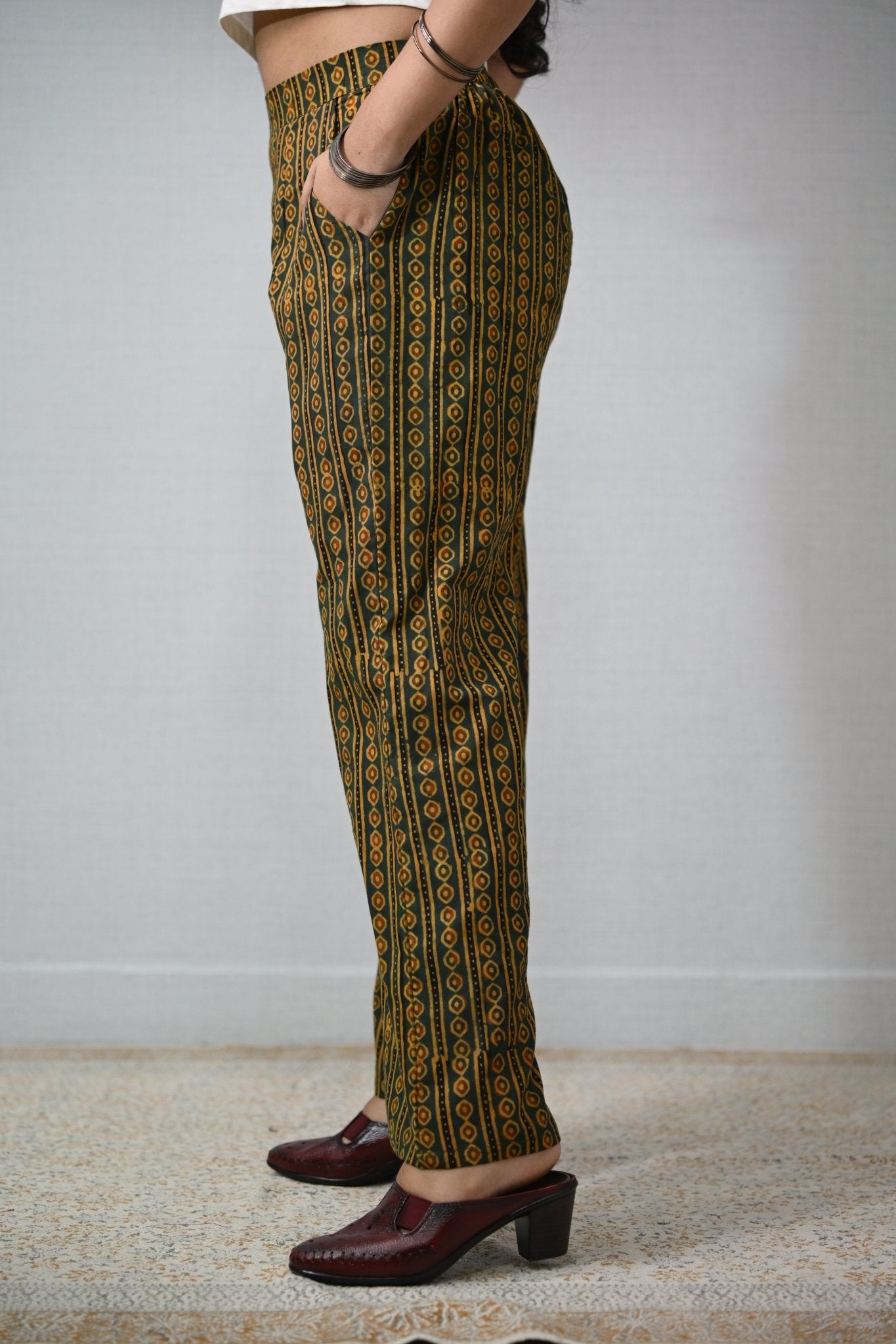 Pearl Stripes Green Ajrakh Parallel Pants - Lobha Deepthis