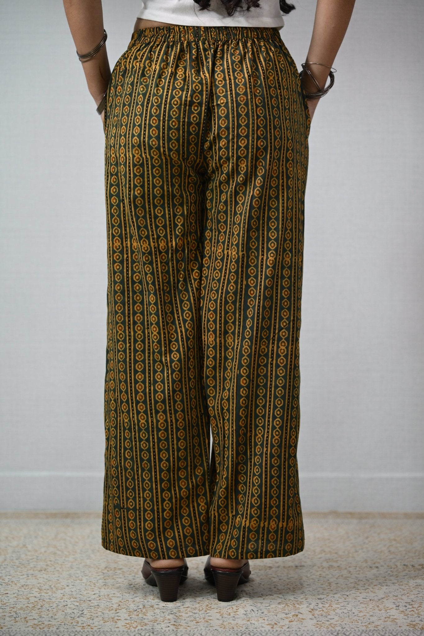 Pearl Stripes Green Ajrakh Parallel Pants - Lobha Deepthis