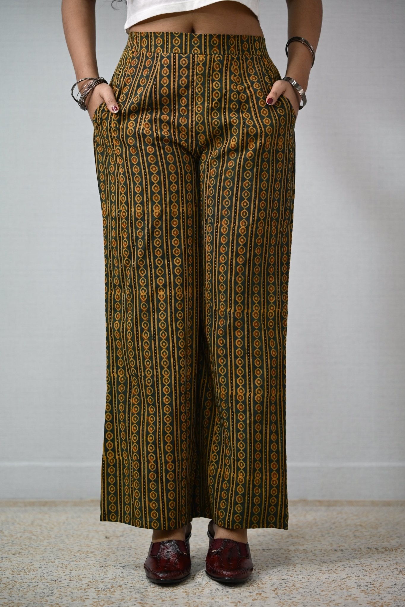 Pearl Stripes Green Ajrakh Parallel Pants - Lobha Deepthis