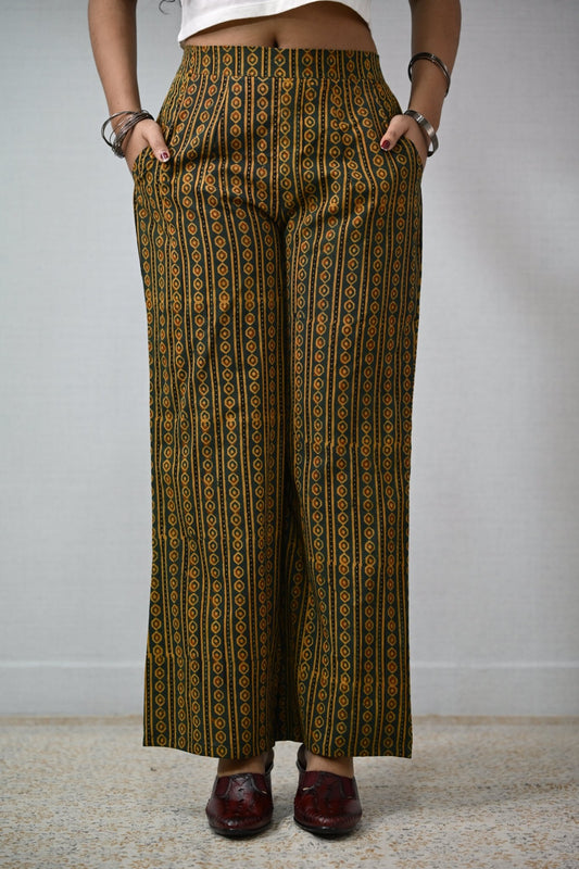 Pearl Stripes Green Ajrakh Parallel Pants - Lobha Deepthis
