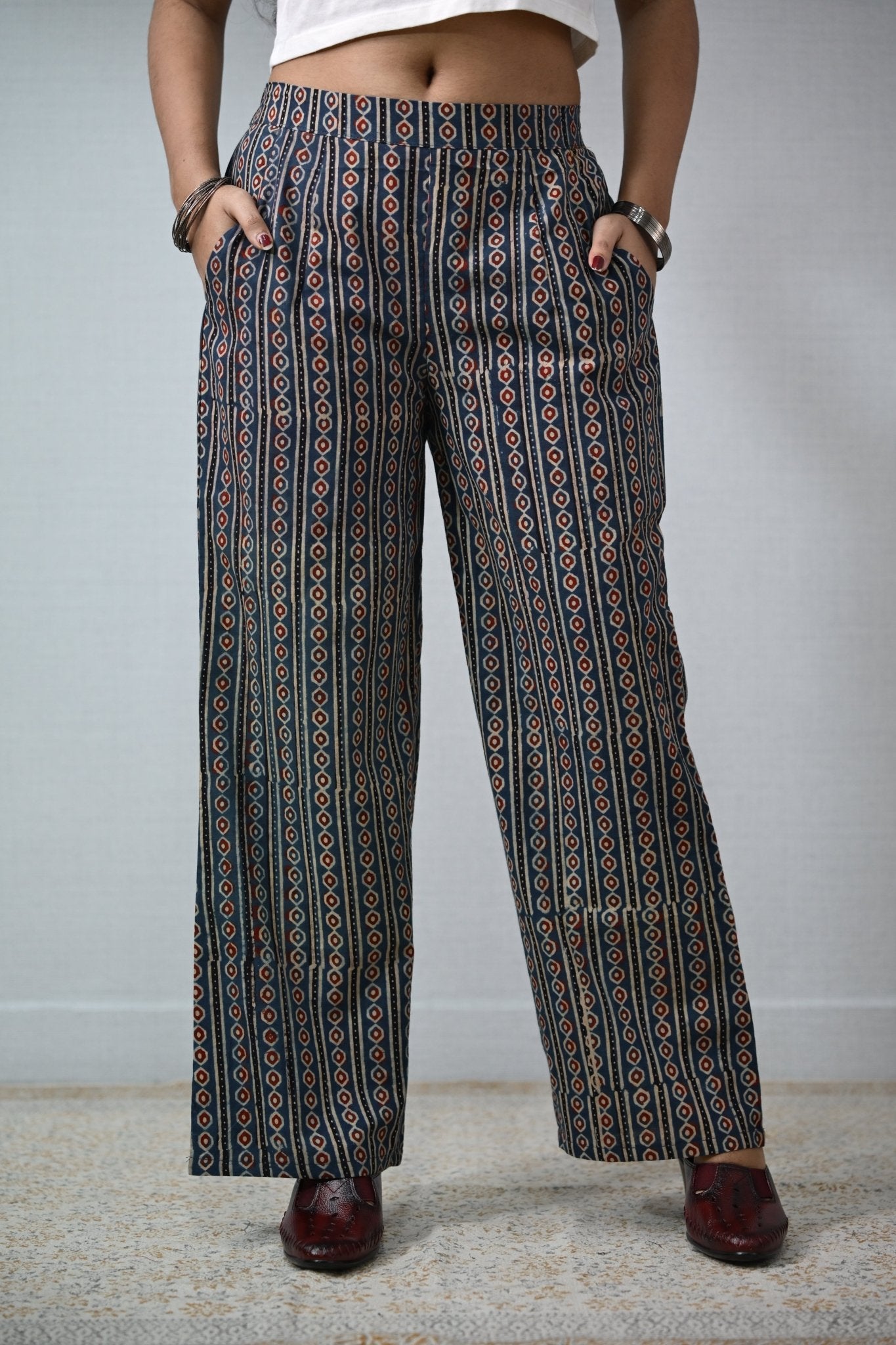 Pearl Stripes Indigo Ajrakh Parallel Pants - Lobha Deepthis
