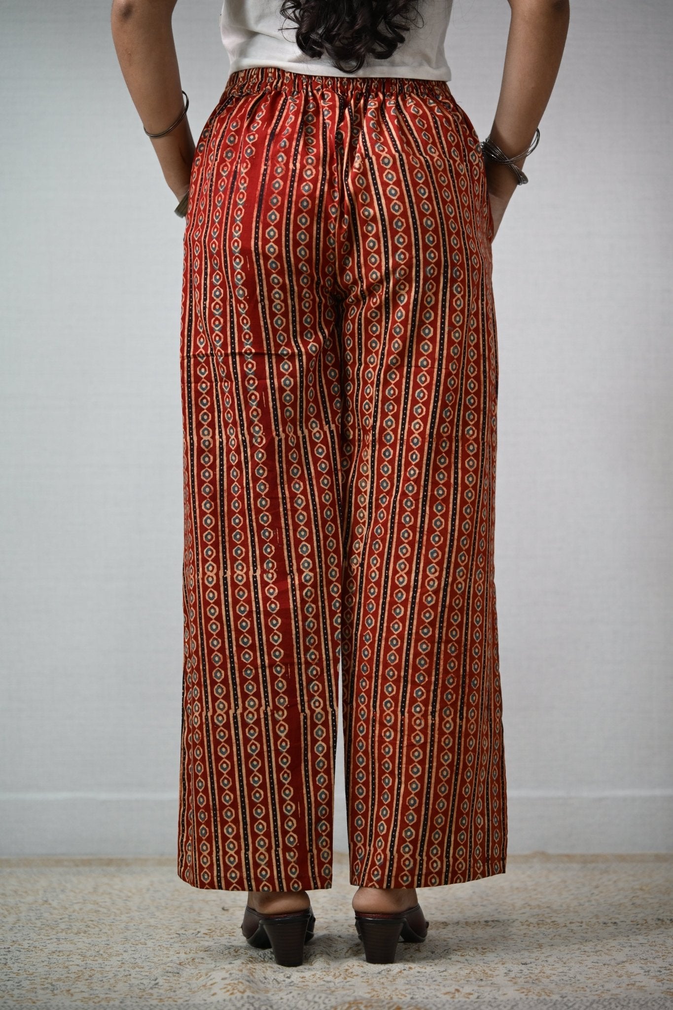 Pearl Stripes Madder Red Ajrakh Parallel Pants - Lobha Deepthis