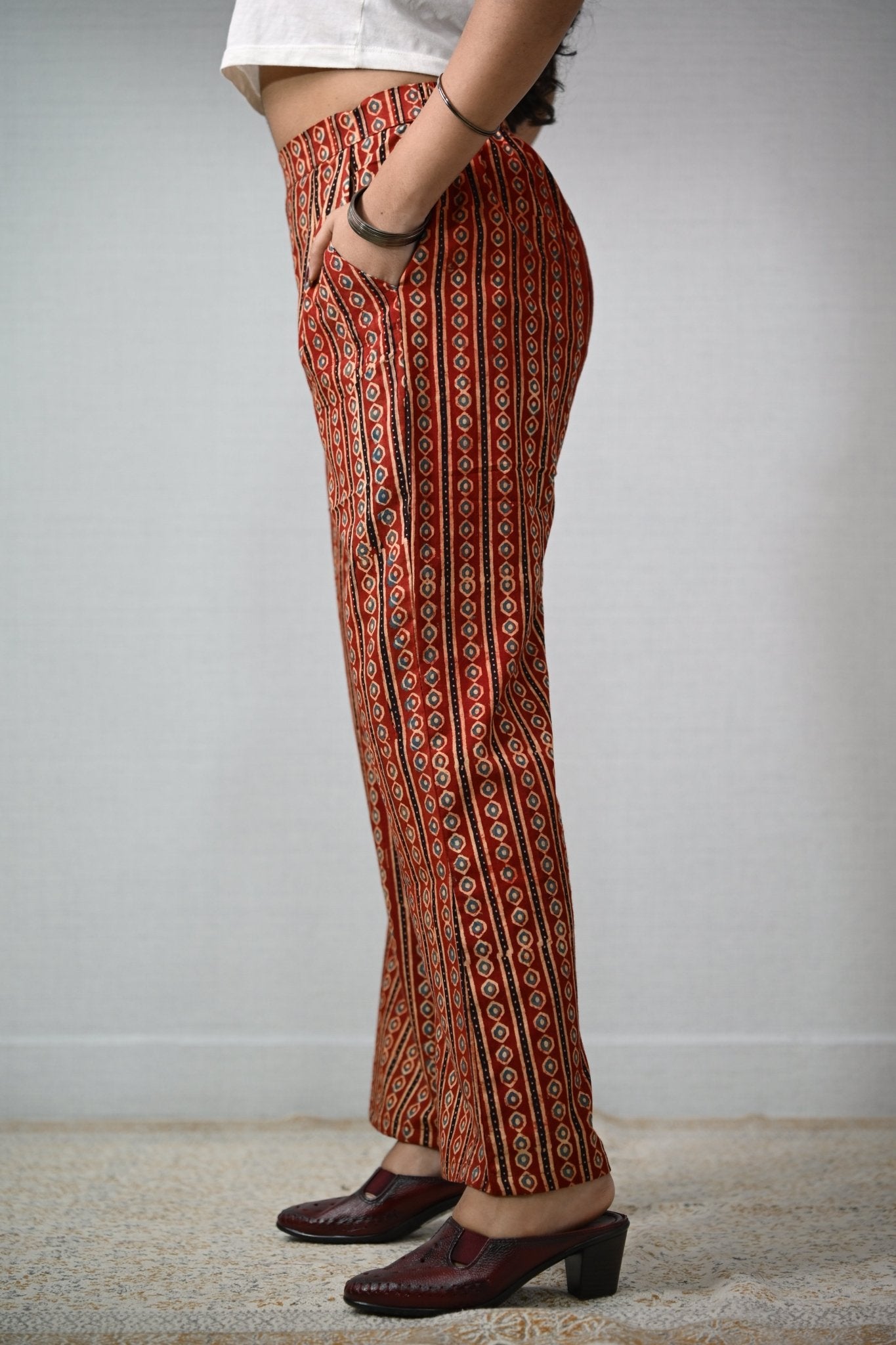 Pearl Stripes Madder Red Ajrakh Parallel Pants - Lobha Deepthis