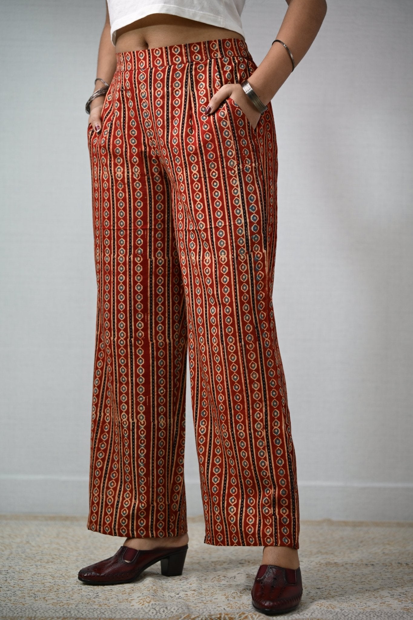 Pearl Stripes Madder Red Ajrakh Parallel Pants - Lobha Deepthis
