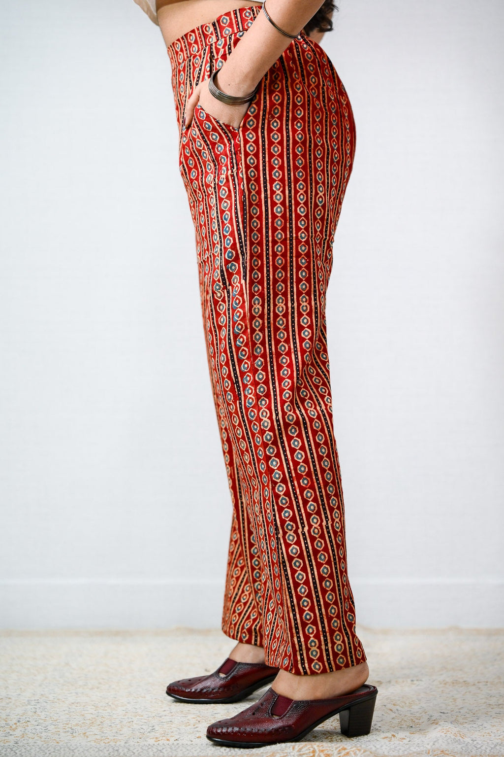 Pearl Stripes Madder Red Ajrakh Parallel Pants - Lobha Deepthis