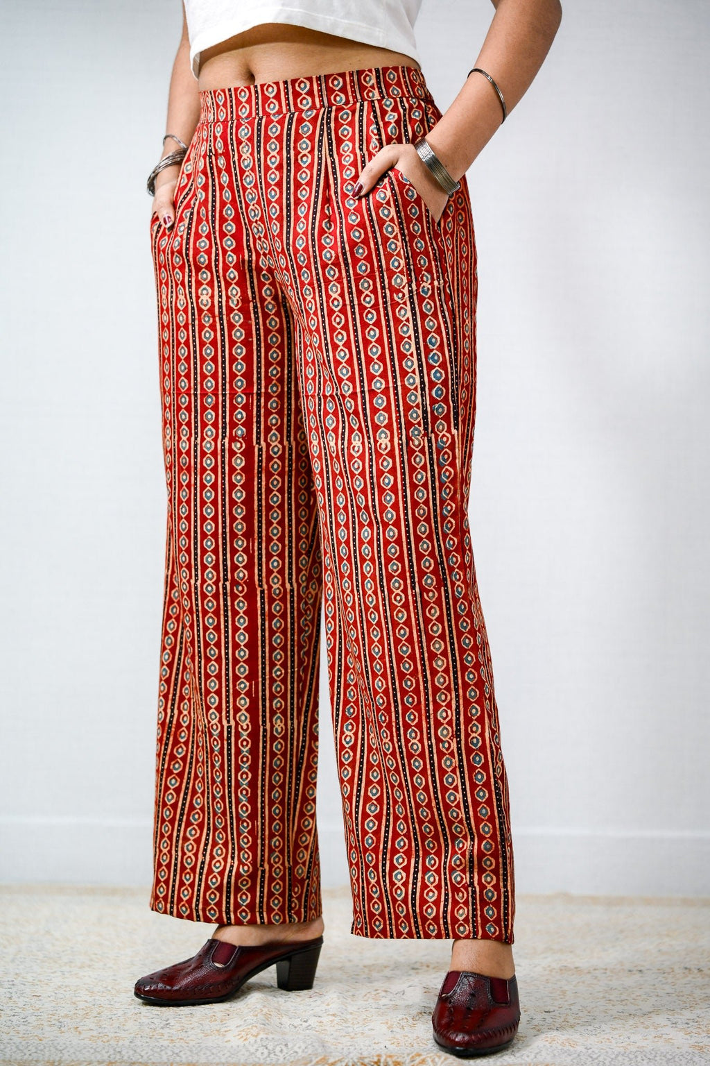 Pearl Stripes Madder Red Ajrakh Parallel Pants - Lobha Deepthis