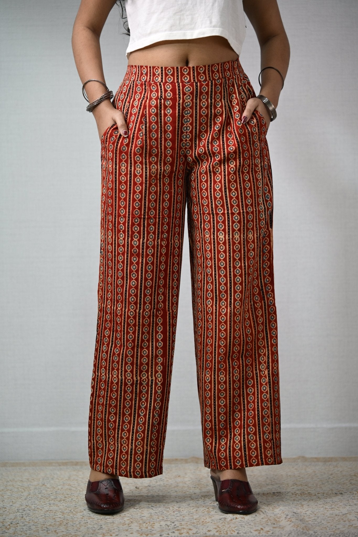 Pearl Stripes Madder Red Ajrakh Parallel Pants - Lobha Deepthis