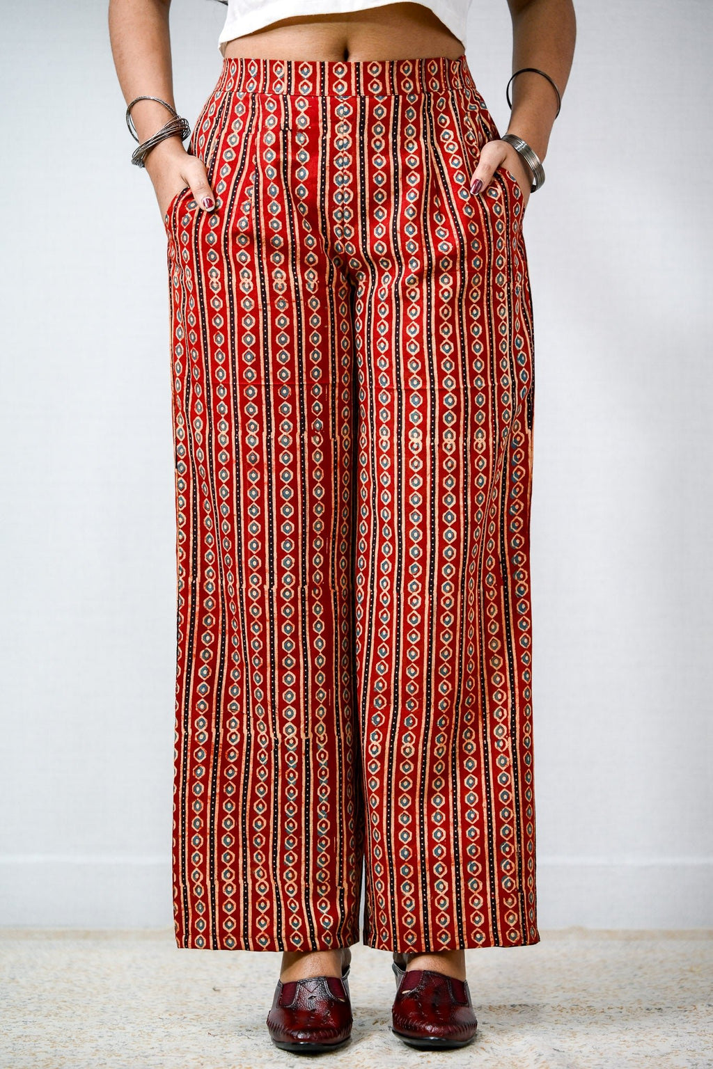 Pearl Stripes Madder Red Ajrakh Parallel Pants - Lobha Deepthis