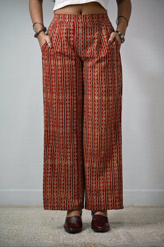 Pearl Stripes Madder Red Ajrakh Parallel Pants - Lobha Deepthis
