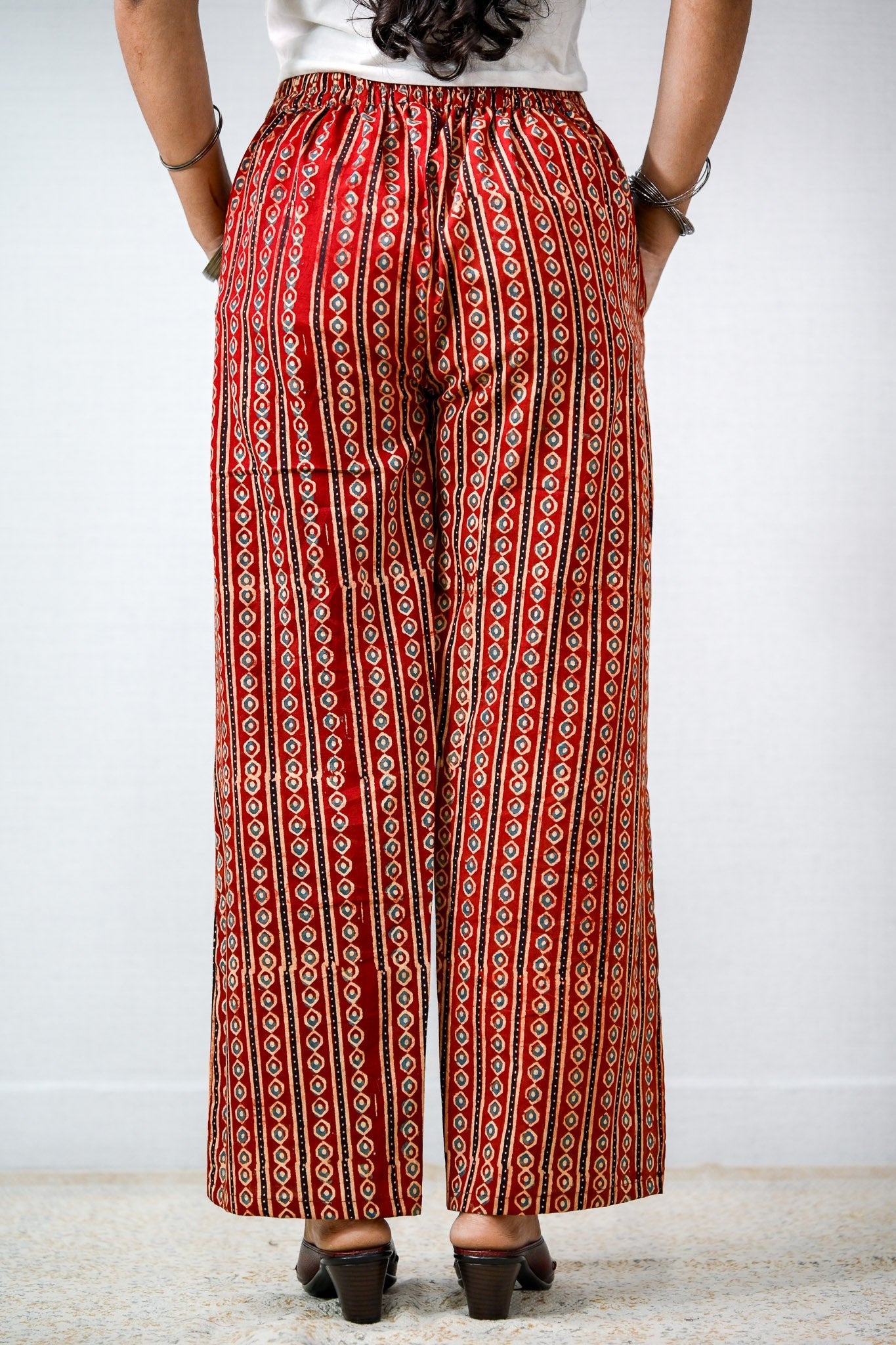 Pearl Stripes Madder Red Ajrakh Parallel Pants - Lobha Deepthis