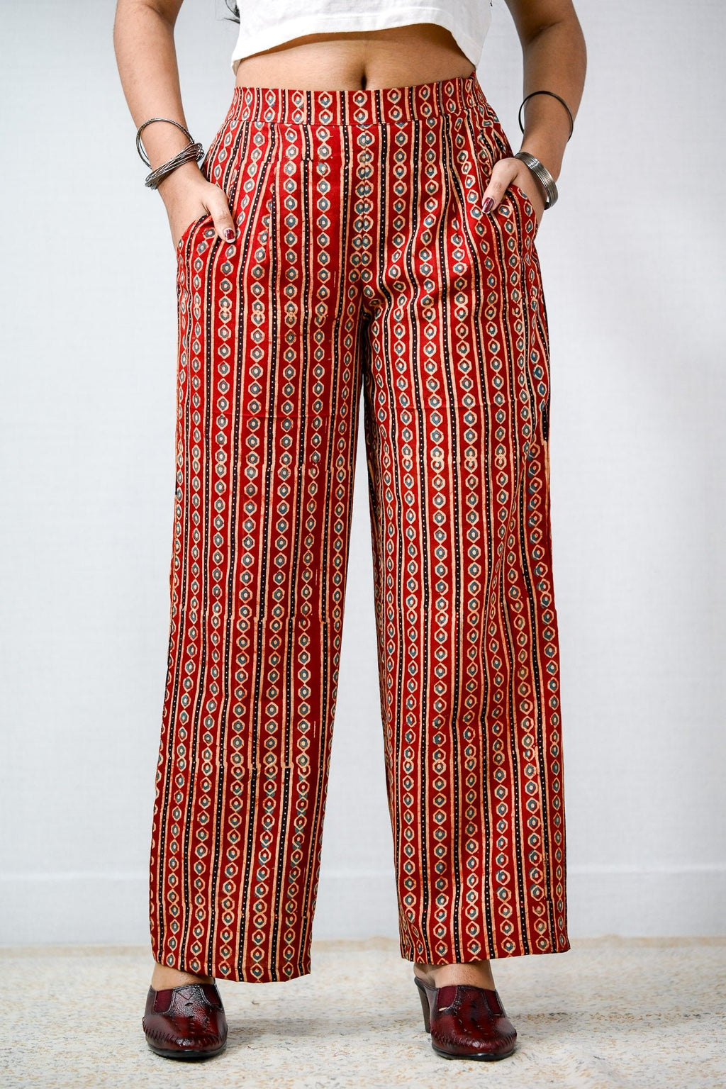 Pearl Stripes Madder Red Ajrakh Parallel Pants - Lobha Deepthis