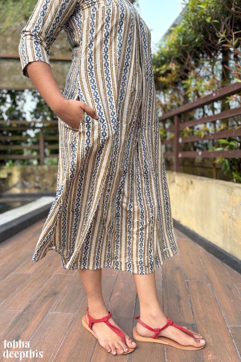 Pearl Stripes Off White Ajrakh Dress - Lobha Deepthis