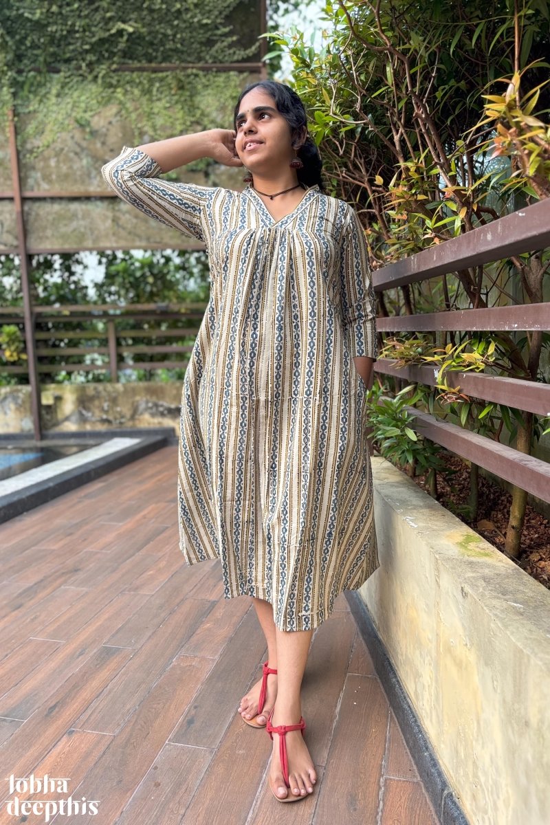 Pearl Stripes Off White Ajrakh Dress - Lobha Deepthis