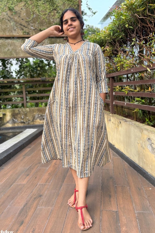 Pearl Stripes Off White Ajrakh Dress - Lobha Deepthis