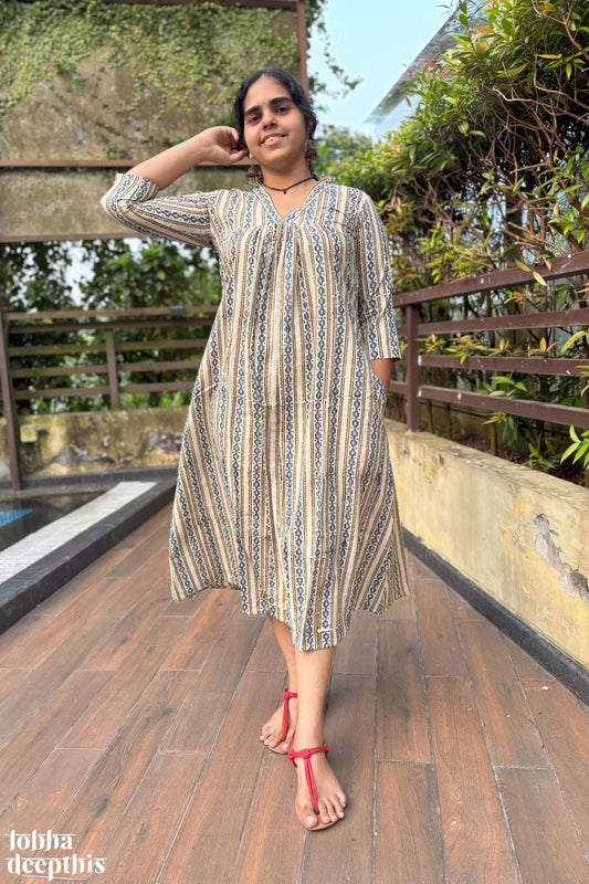 Pearl Stripes Off White Ajrakh Dress - Lobha Deepthis