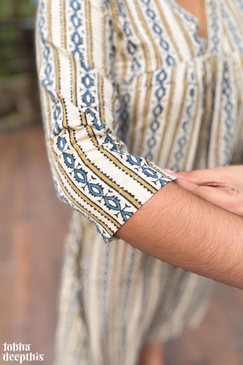 Pearl Stripes Off White Ajrakh Dress - Lobha Deepthis