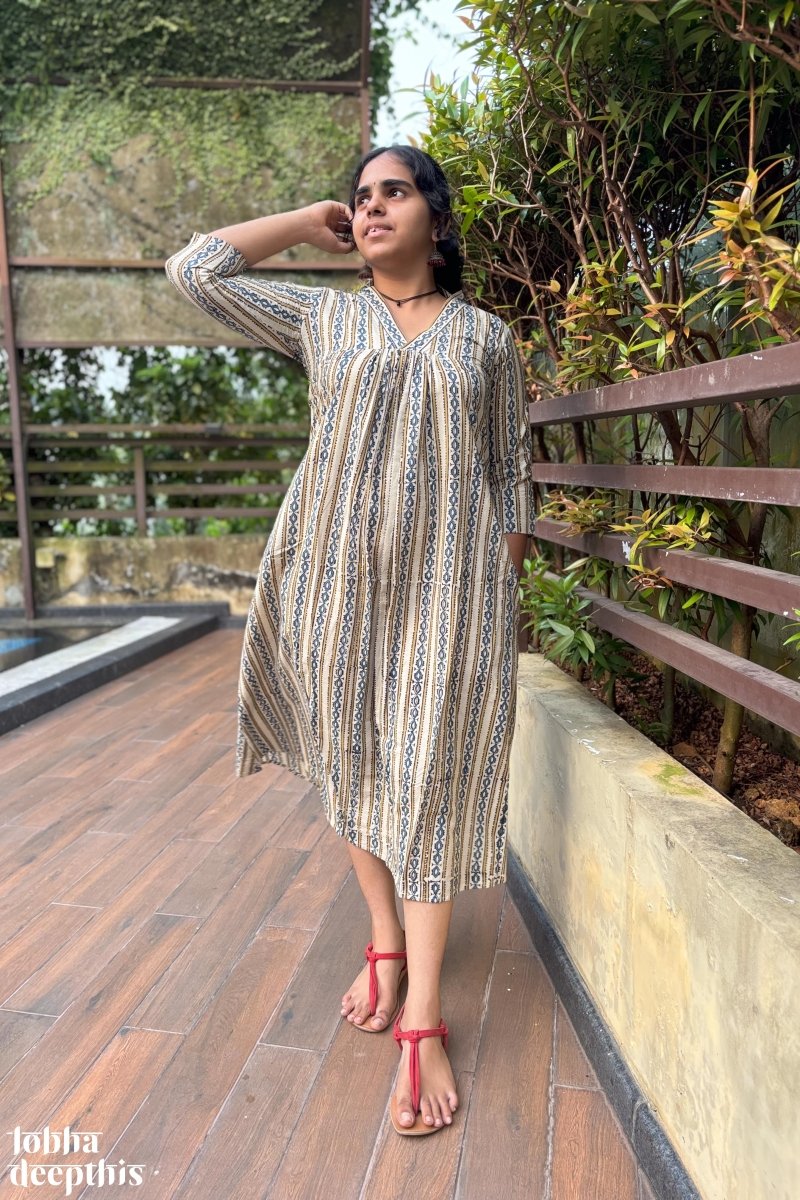 Pearl Stripes Off White Ajrakh Dress - Lobha Deepthis