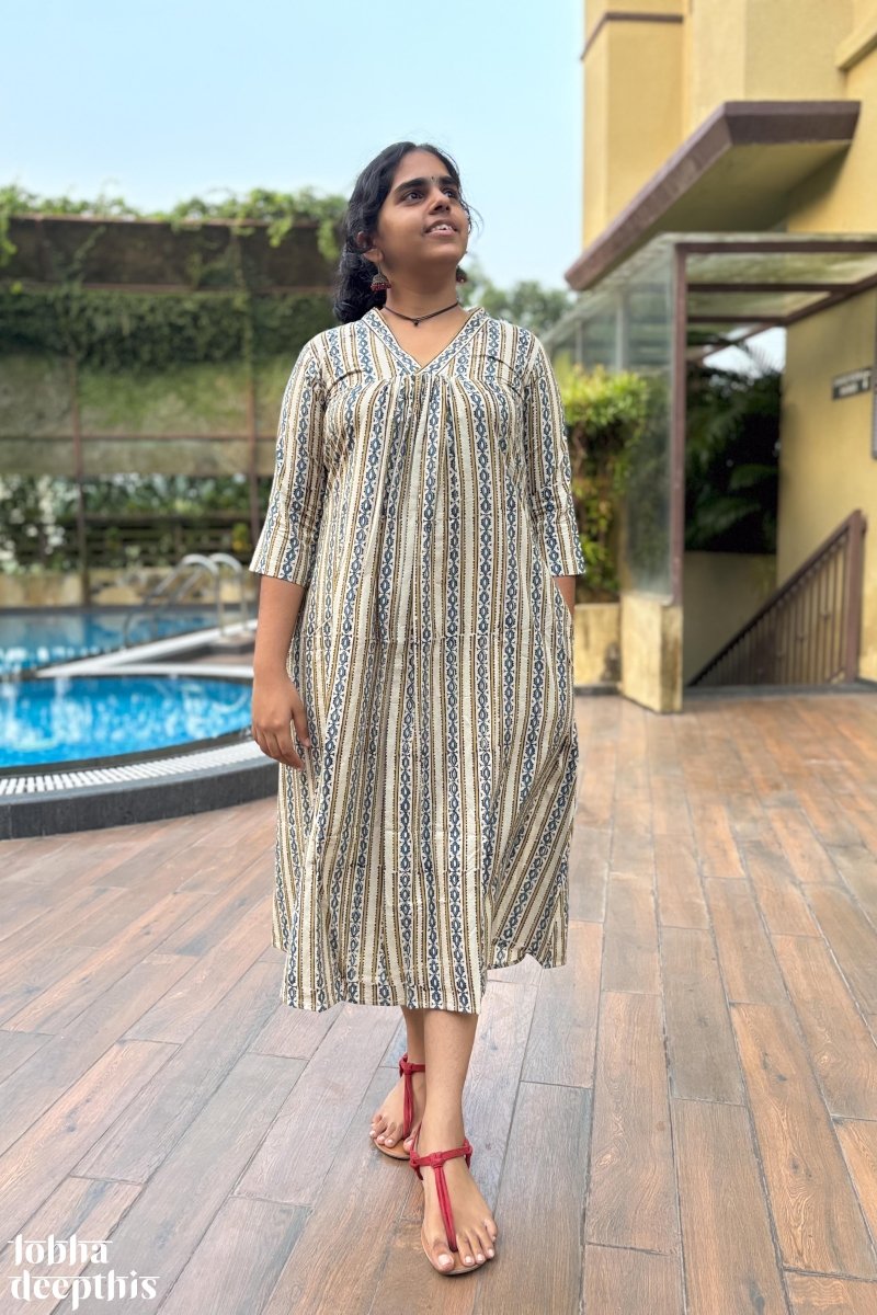 Pearl Stripes Off White Ajrakh Dress - Lobha Deepthis
