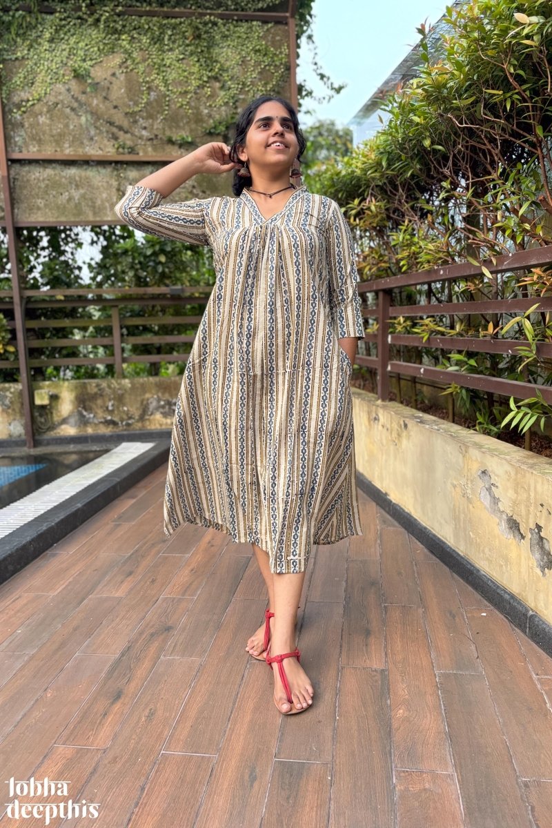 Pearl Stripes Off White Ajrakh Dress - Lobha Deepthis