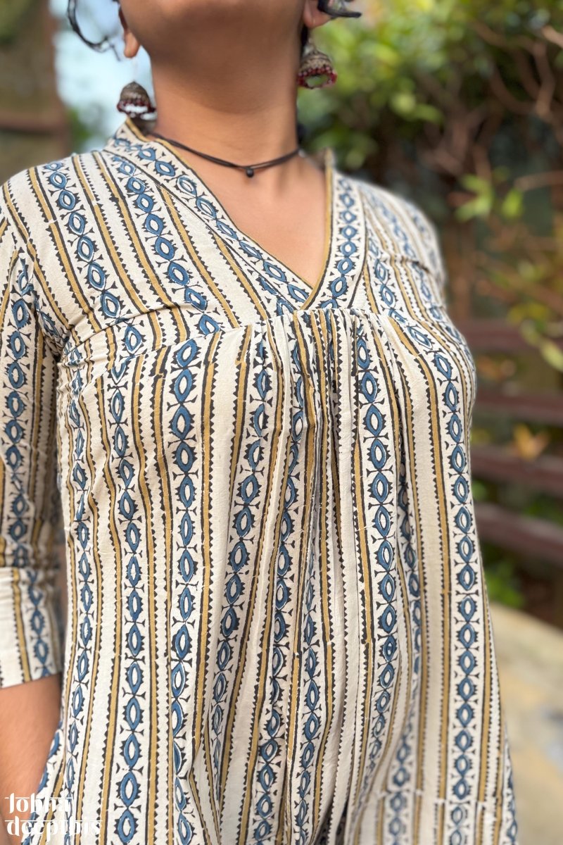 Pearl Stripes Off White Ajrakh Dress - Lobha Deepthis