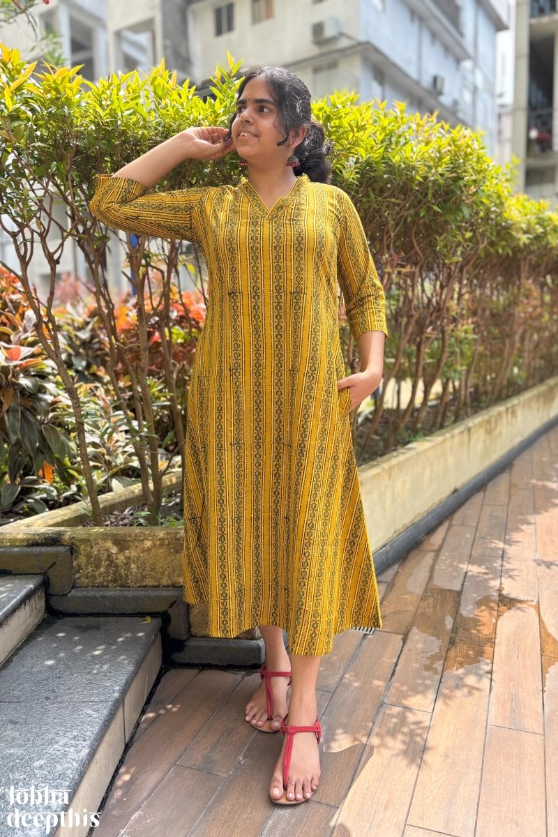 Pearl Stripes Turmeric Ajrakh Aline Kurta - Lobha Deepthis