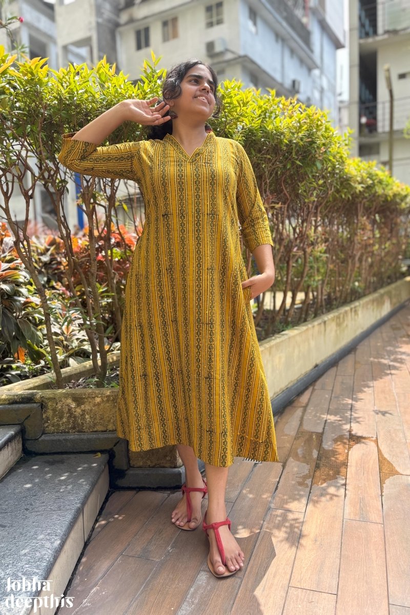 Pearl Stripes Turmeric Ajrakh Aline Kurta - Lobha Deepthis