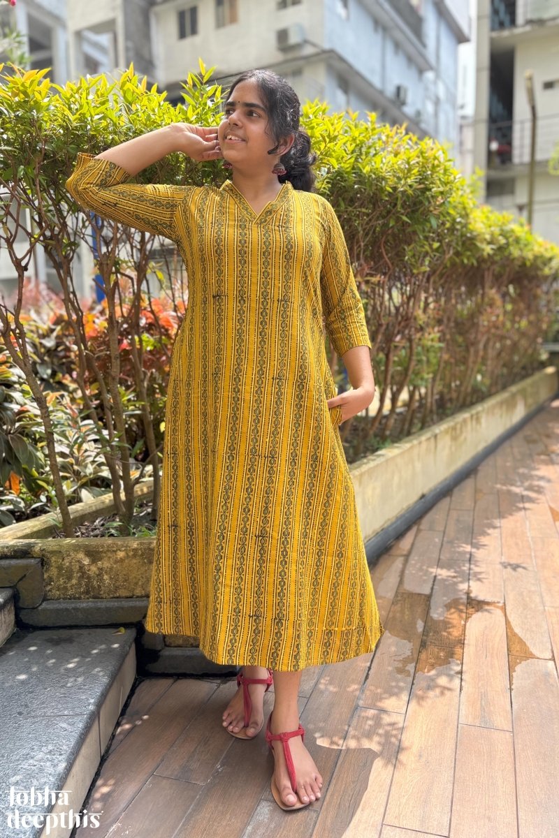 Pearl Stripes Turmeric Ajrakh Aline Kurta - Lobha Deepthis