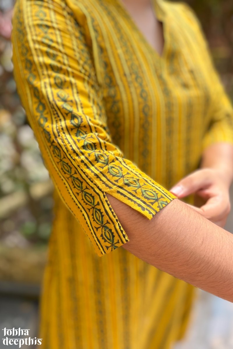 Pearl Stripes Turmeric Ajrakh Aline Kurta - Lobha Deepthis