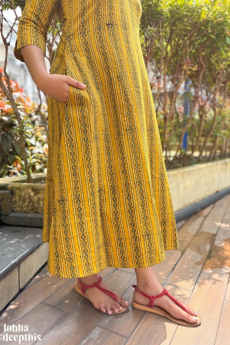 Pearl Stripes Turmeric Ajrakh Aline Kurta - Lobha Deepthis