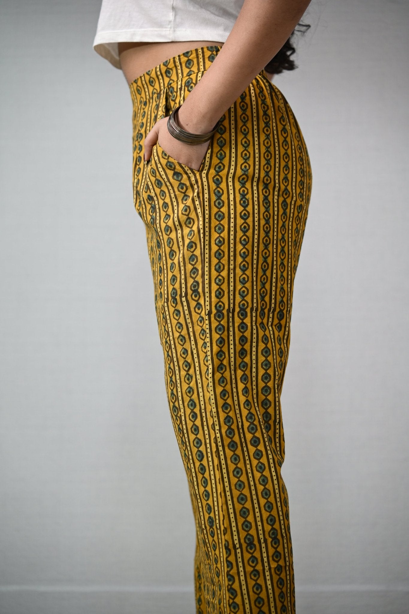 Pearl Stripes Turmeric Ajrakh Parallel Pants - Lobha Deepthis