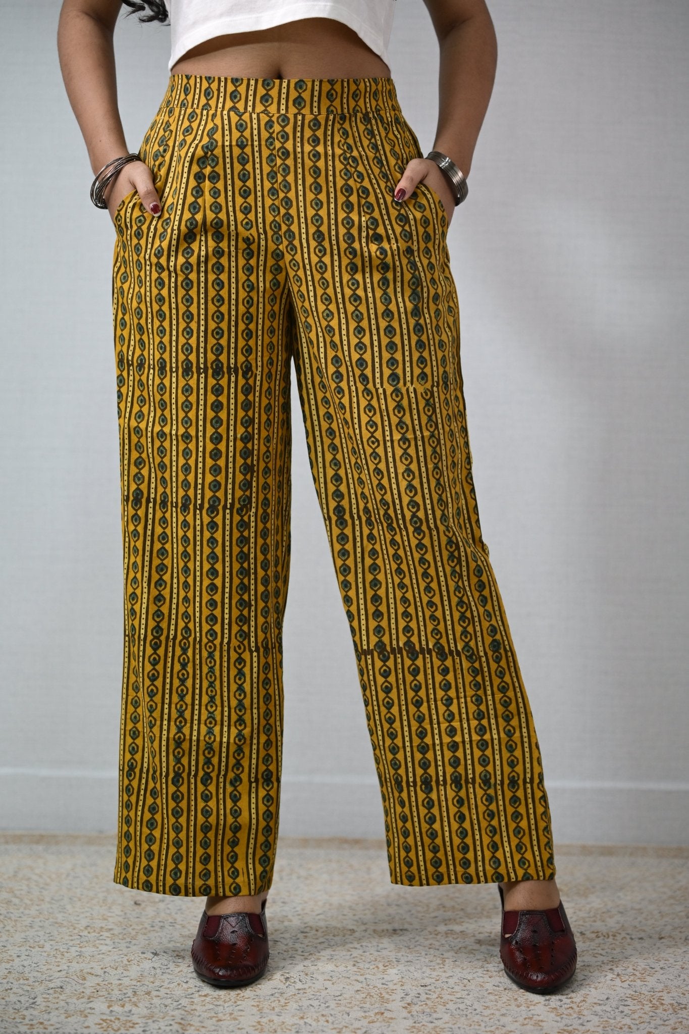 Pearl Stripes Turmeric Ajrakh Parallel Pants - Lobha Deepthis