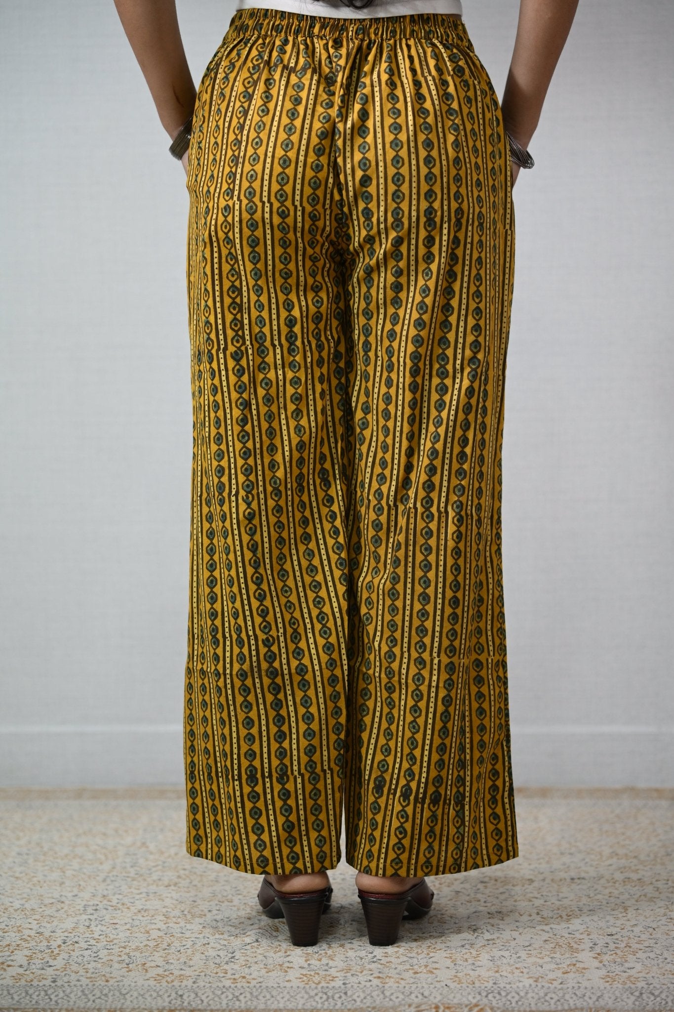 Pearl Stripes Turmeric Ajrakh Parallel Pants - Lobha Deepthis