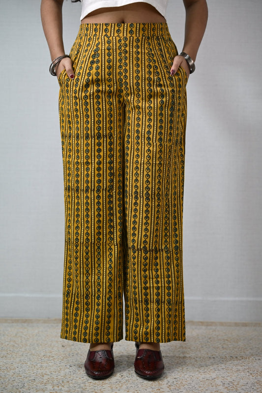 Pearl Stripes Turmeric Ajrakh Parallel Pants - Lobha Deepthis