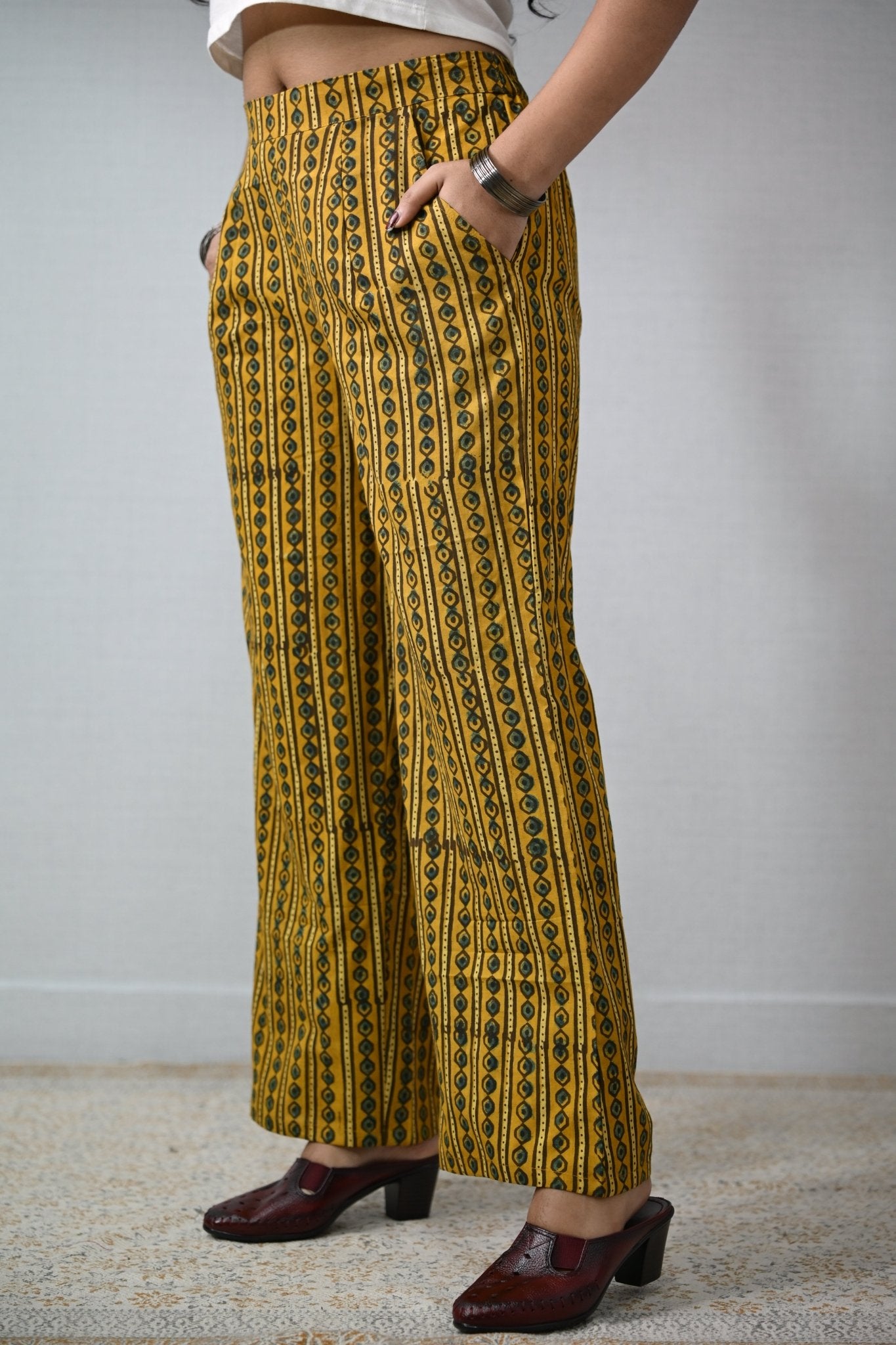 Pearl Stripes Turmeric Ajrakh Parallel Pants - Lobha Deepthis