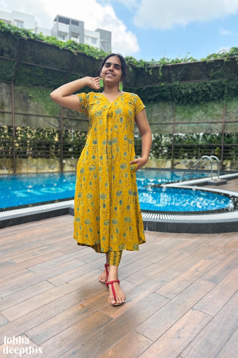 Pila Gulabo Ajrakh Dress - Lobha Deepthis