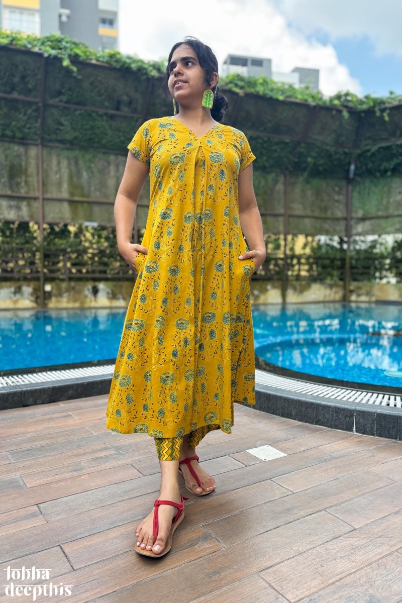 Pila Gulabo Ajrakh Dress - Lobha Deepthis