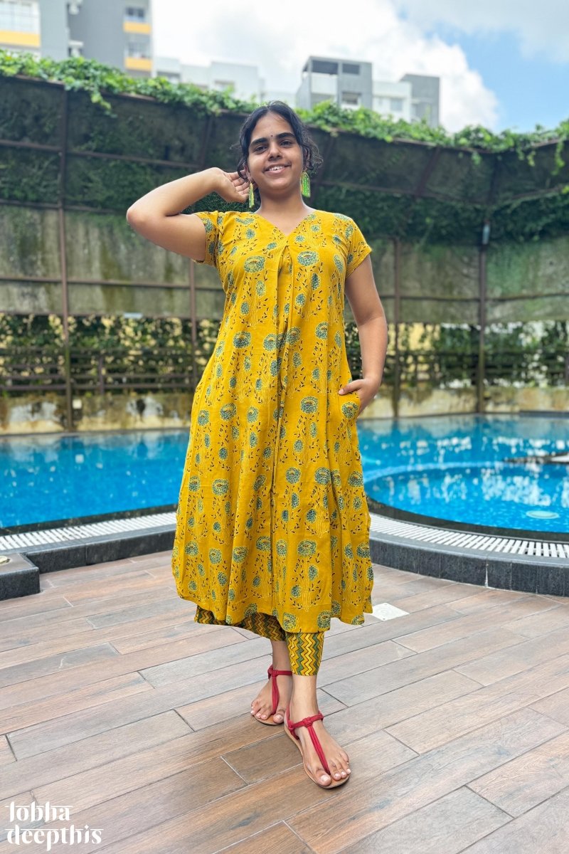 Pila Gulabo Ajrakh Dress - Lobha Deepthis