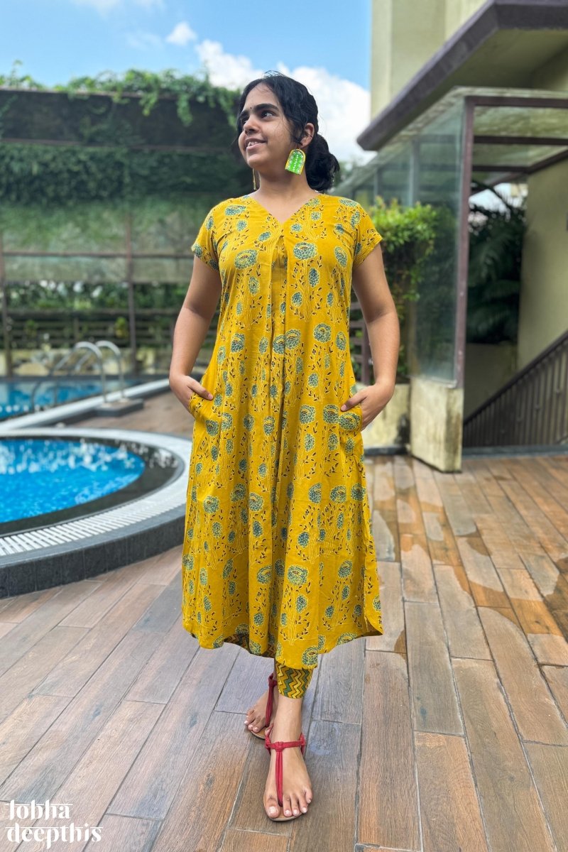 Pila Gulabo Ajrakh Dress - Lobha Deepthis