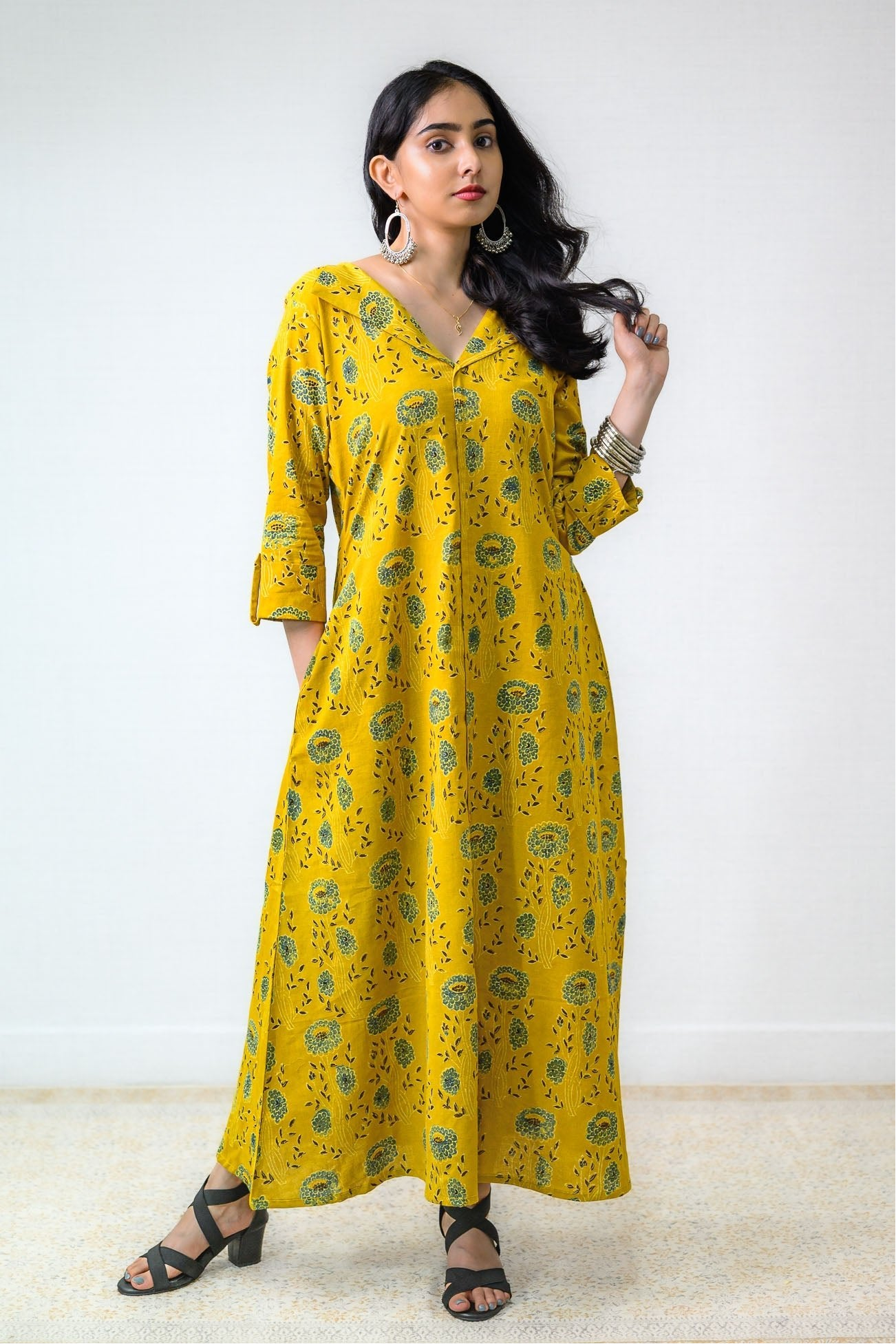 Pilara Ajrakh Cotton Flap Collar Dress with Pockets- Lobha Deepthis