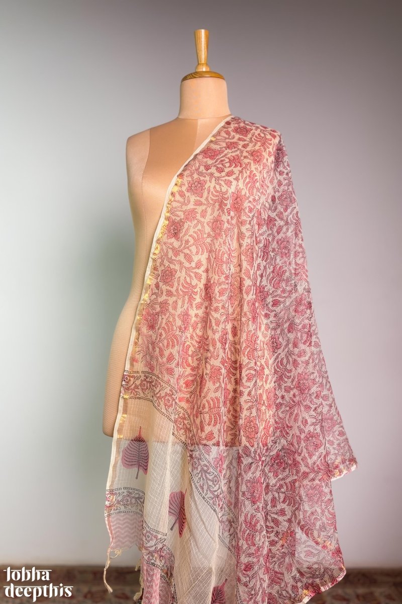 Pink Vines on Cream Sanganeri Kota Doria Dupatta - Lobha Deepthis